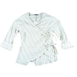ZARA Striped Wrap Shirt Cotton Blend Tie Waist V Neck Long Sleeve‎ Size S